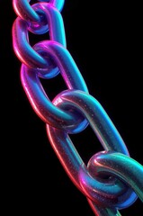 A close-up view of a chain link, rendered with vibrant neon hues of pink and blue, highlighting the metallic texture and reflective surface.
