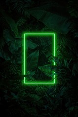 A vibrant green neon frame highlights a dense jungle foliage backdrop.