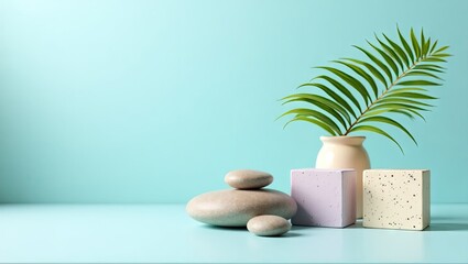 Pastel-toned display of smooth stones, a vase with a tropical leaf, and decorative blocks on a mint-green backdrop, evoking a serene and calming aesthetic.