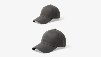 Two plain, charcoal gray baseball caps are displayed against a plain white background.