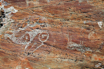 Russia. Altai Mountains. Ancient rock painting of a Scythian deer.