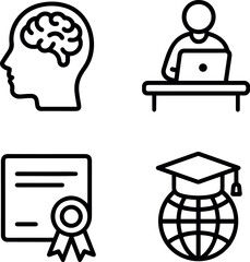 Education and learning icons, showing brain, student, diploma, and graduation isolated on transparent background