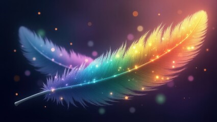 Two vibrant, colorful feathers, adorned with sparkling lights, float gracefully against a dark background.