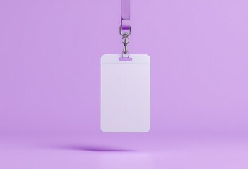 A simple, white identification card hangs from a purple lanyard against a solid lavender background.