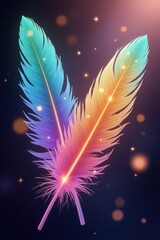Two vibrant, iridescent feathers, illuminated with glowing light, create a captivating visual against a dark background sprinkled with sparkling lights.