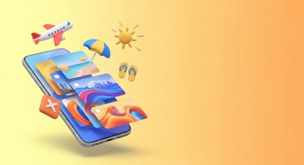 Mobile phone displaying a collage of travel photos with vacation icons like airplane, umbrella, and flip-flops, representing digital journey planning and memories