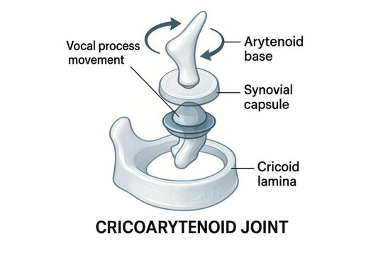 Anatomical illustration of the cricoarytenoid joint, showing arytenoid base, synovial capsule, cricoid lamina, and vocal process movement with rotational arrows.