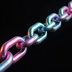 A close-up view of a metallic chain, exhibiting vibrant hues of pink and turquoise, with water droplets clinging to its surface against a black backdrop.