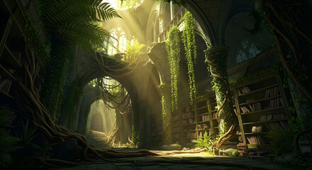 Explore the enchanting overgrown library ruins with sunlight and lush greenery nature wallpaper art