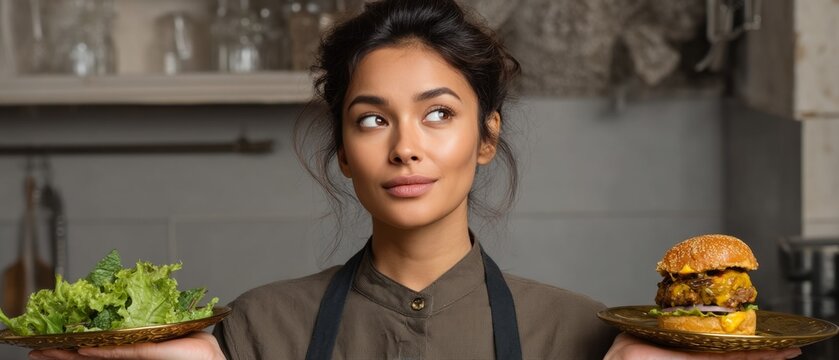 Woman choosing between salad and burger in kitchen settin
