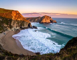 Coastal cliffs and waves at sunrise