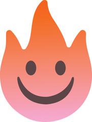 Smiling fire flame emoji illustration in gradient orange and pink tones. Cute happy face icon for fun, modern, and playful creative design. Vector isolated cartoon symbol on white background.