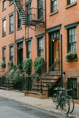 Charming brownstone building with stairs, plants, and bicycles in an urban neighborhood during a...