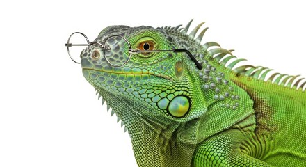 Obraz premium iguana wearing glasses, spectacles eyewear, on a solid white background