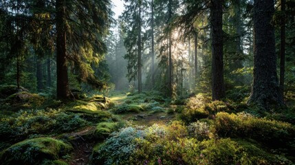Obraz premium Tranquil Mossy Forest Clearing at Dawn with Gentle Sunlight Streaming Through Tall Trees Evoking Calmness and Inner Peace
