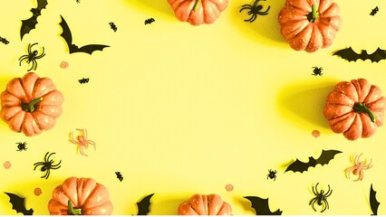 Cute Halloween pumpkins bats spiders confetti yellow background autumn festive spooky holiday celebration october decorations pastel orange