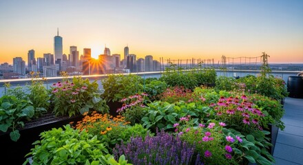 Fototapeta premium Vibrant rooftop urban garden blooming with diverse flowers and lush greenery under a breathtaking golden sunset, overlooking a modern city skyline at tranquil dusk