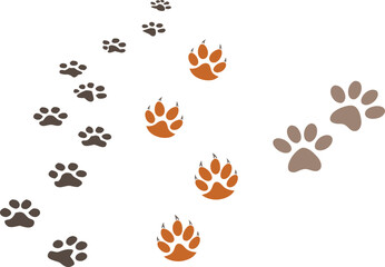 Animal paw print footprints vector set in brown and orange tones. Ideal for pet themes, wildlife graphics, hunting designs, trails, and creative decoration projects. Isolated icons on white.