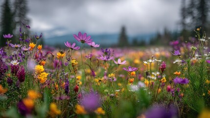 Naklejka premium Vibrant Wildflower Field Under Cloudy Sky – Nature's Beauty in Full Bloom