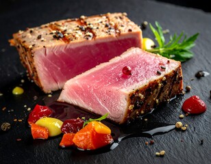 Grilled tuna steak with colorful side dish