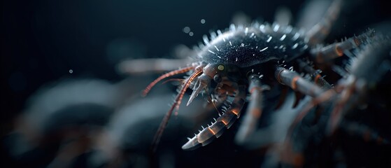 Detailed macro shot of a menacing, spiky sea spider with striking orange accents, showcasing the beauty and danger of deep sea creatures