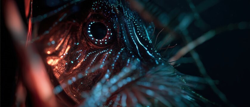 Striking closeup of a Lionfish eye with vibrant blue and orange bioluminescent patterns in the deep ocean Marine wildlife concept