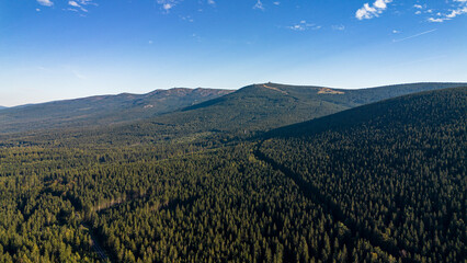 Aerial view of the Karkonosze Mountains with Szrenica peak and Śnieżne Kotły, Lower Silesia, Poland.