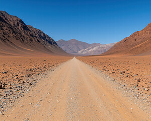 Naklejka premium Lonely road stretching into horizon through arid red desert valley under clear blue sky, evocative and vast