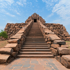 Monumental stone steps leading to ancient temple evoke awe and history under blue sky, serene archaeological site and heritage