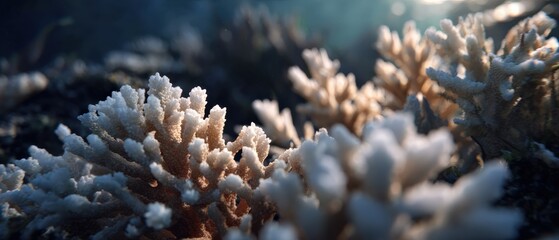 Bleached coral reef underwater with sunlight, showcasing coral bleaching and the impact of climate change on marine ecosystems
