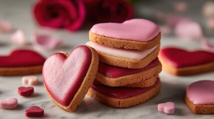 Delicious Stack of Artisanal Cookies with Pink and Red Icing Surrounded by Romantic Rose Petals for Luxurious Dessert Experiences