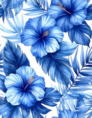 Vibrant blue hibiscus and tropical leaves on white
