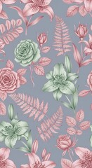 Watercolor floral pattern of hand-painted wildflowers and sprawling leaves tied with a sheer ribbon on a bright white silk background, created for wallpaper and fabric, illuminated with diffused	