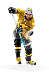 Isolated. Hockey player shooting the puck. Hockey championship. Hockey. Hockey players in action.