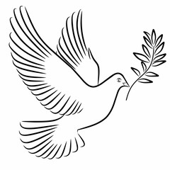 Flying dove with olive branch line art symbol. Vector outline bird icon representing peace, freedom, hope, love, Christianity, spirituality, and harmony design.