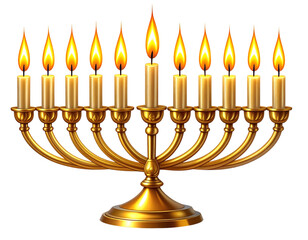 Traditional Menorah with Lit Candles, Realistic Rendering, White Background