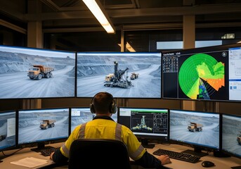 Remote operation of heavy machinery in mining control room with multiple monitors
