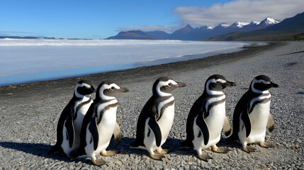 Obraz premium Young Magellanic penguins in the various state of molting sit on the shores of the Atlantic Ocean off the coast of Patagonia in Argentina.