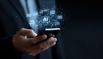 Fototapeta premium Close-up of a hand holding a smartphone, AI chat icons appear around it
