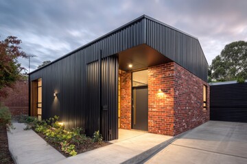 Fototapeta premium A contemporary building featuring a sleek black exterior and brick accents stands proudly amidst beautifully landscaped surroundings, just as dusk begins to settle in the urban environment