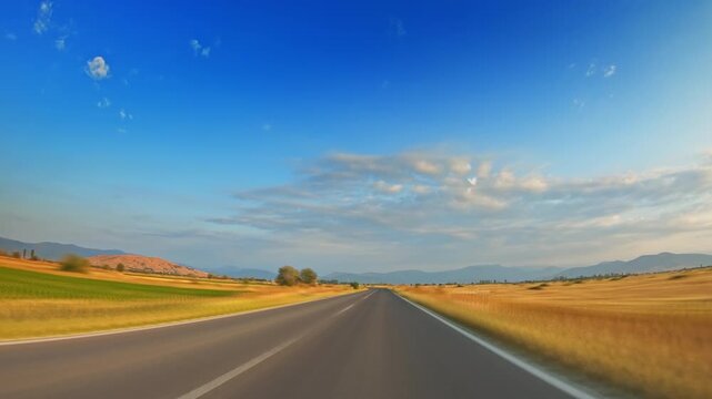 POV vehicle drive across valley, field, village, skyline, acceleration