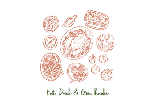 Eat Drink and Give Thanksgiving Food Quote Hand-Drawn Sublimation T Shirt Design - Powered by Adobe