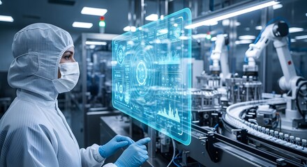 Futuristic technology concept in pharmaceutical industry lab with scientist interacting with digital interface for innovative research