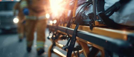 Emergency Medical Technicians rushing with a Stretcher to Ambulance Healthcare workers providing urgent medical assistance during a crisis situation Concept of rescue, emergency response, and paramedi