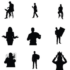 Silhouettes of diverse business people in various poses including using technology presenting and celebrating success against a white background