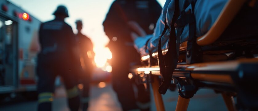 Emergency medical service team with patient on stretcher near ambulance at sunset Concept of healthcare, rescue, and urgency