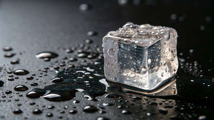 Melting transparent ice cube with tiny water beads on black surface, expressing freshness, purity, and fleeting existence