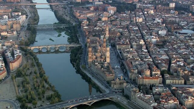 Aerial view of zaragoza, spain, showcasing the ebro river and cityscape