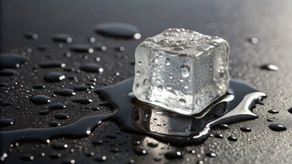 Ice cube dissolving with water beads on reflective black background, conveying cool texture, elegance, and fleeting beauty.