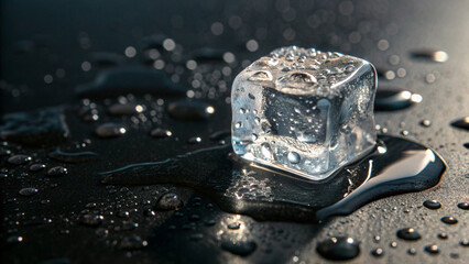 Minimalist shot of ice cube melting with droplets on glossy dark surface, emphasizing contrast and delicate freshness.